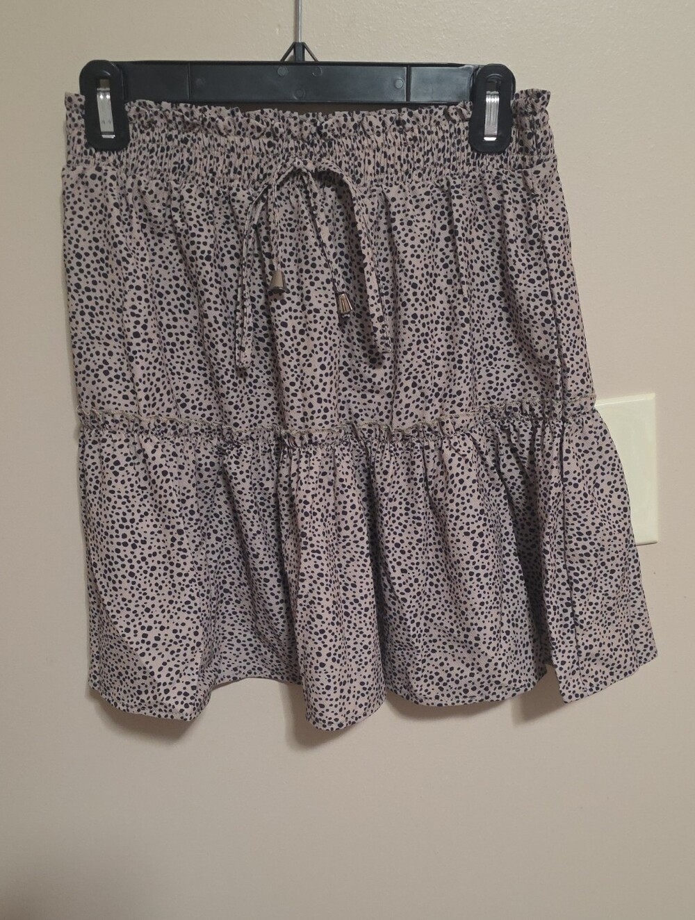 Smocked Waist Tiered Mini Skirt in Light Pink with Black Dot Print